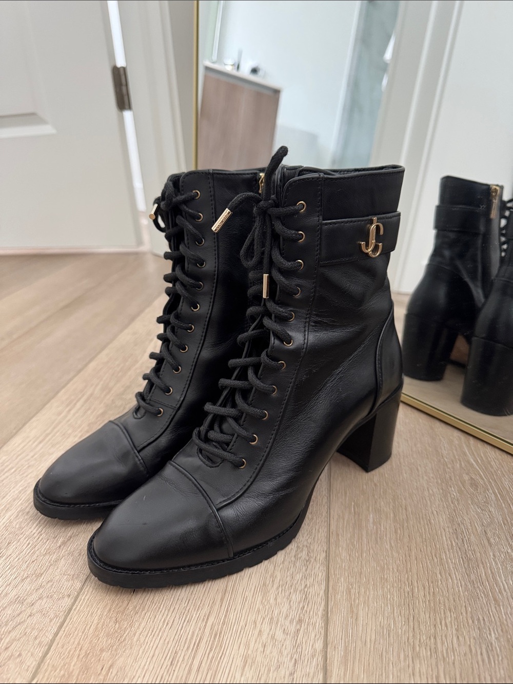 Jimmy Choo Black Lace-Up Block Heel Ankle Boots